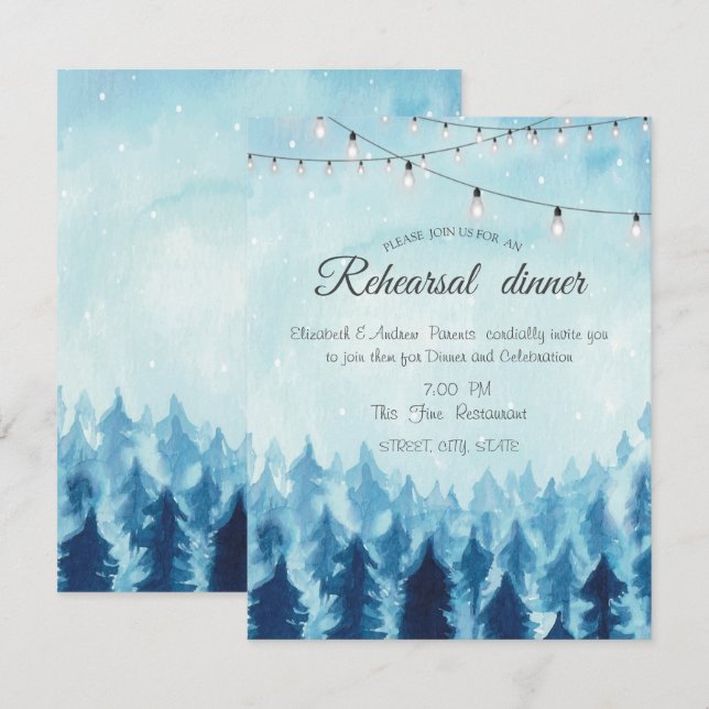 Invitación Woodland, Forest,Pine Trees Cena Blue (Anverso / Reverso)