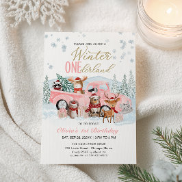 Invitación Woodland Forest Pink Truck ONEderland 1st Birthday