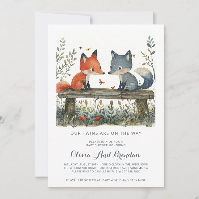 Invitación Woodland Forest Twins Baby Shower (Anverso)