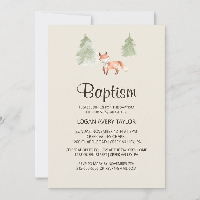 Invitación Woodland Fox Baby Baptism (Anverso)
