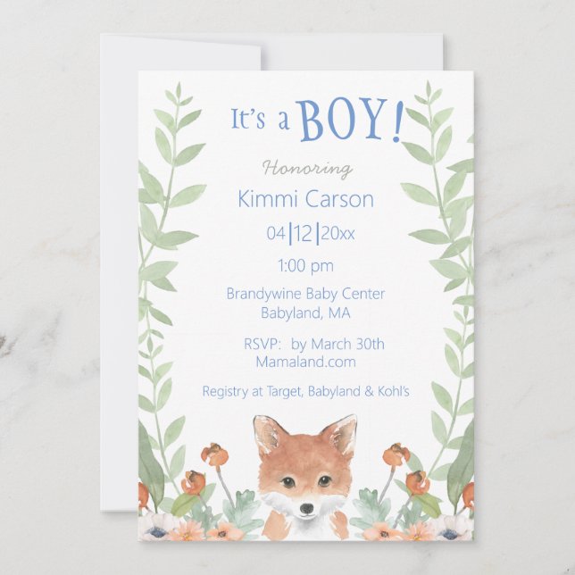 Invitación Woodland Fox Baby Boy Script Floral Baby Shower (Anverso)
