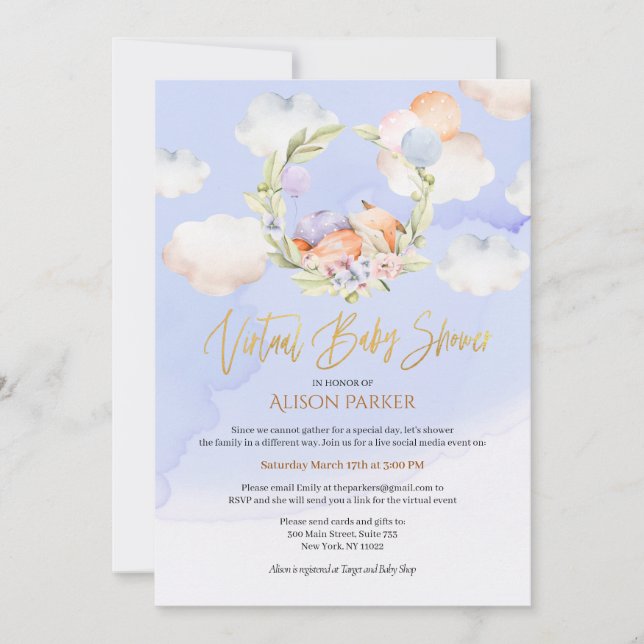 Invitación Woodland Fox Blue Sky Dream | Baby Shower virtual (Anverso)