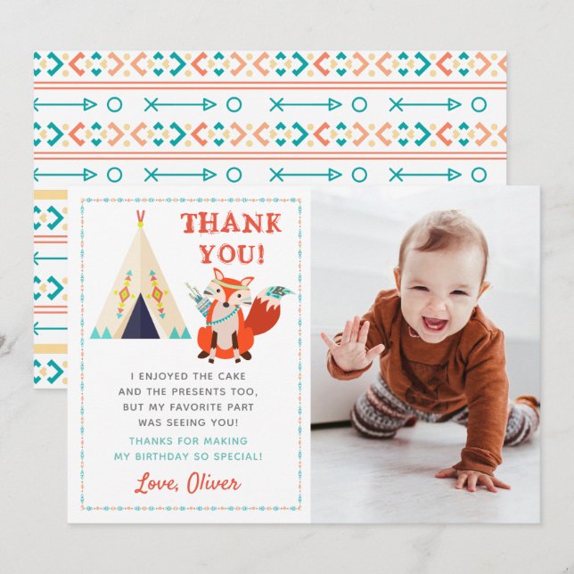 Invitación Woodland Fox Boho Birday Photo de Gracias Card (Anverso / Reverso)