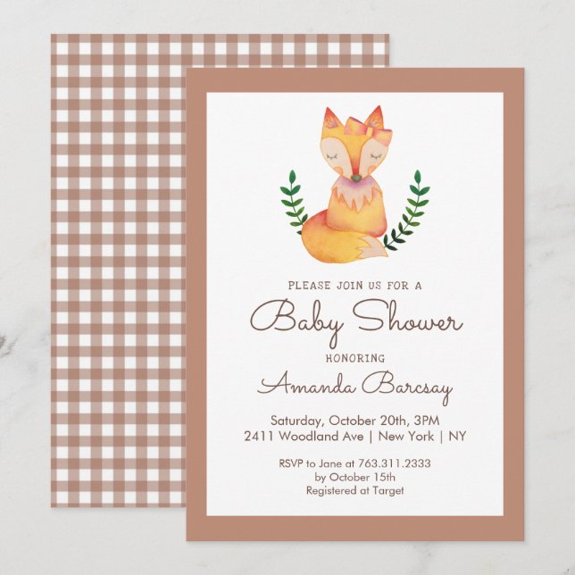 Invitación Woodland Fox Chicas Baby Shower (Anverso / Reverso)