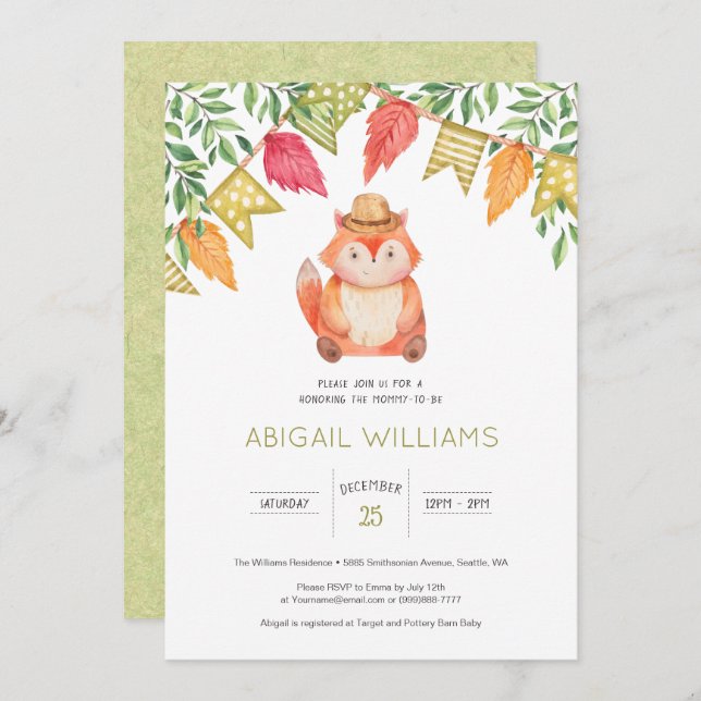 Invitación Woodland Fox Family Fiesta Minimal Baby Shower (Anverso / Reverso)