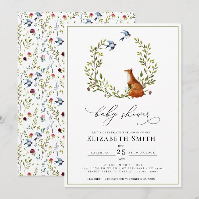 Invitación Woodland Fox Floral Gender Neutral Baby Shower (Anverso / Reverso)