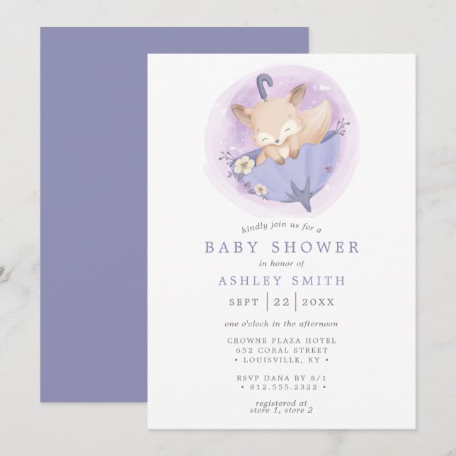 Invitación Woodland Fox Floral Umbrella Purple Baby Shower (Anverso / Reverso)