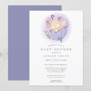 Invitación Woodland Fox Floral Umbrella Purple Baby Shower