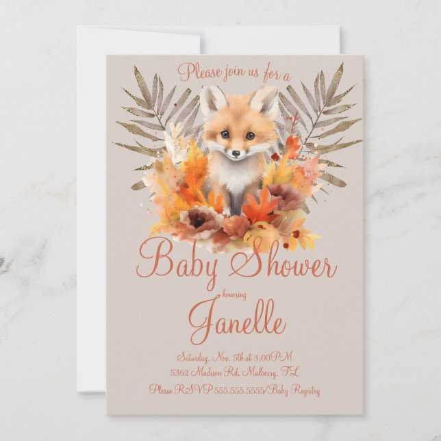Invitación Woodland Fox Greenery Watercolor Baby Shower (Anverso)