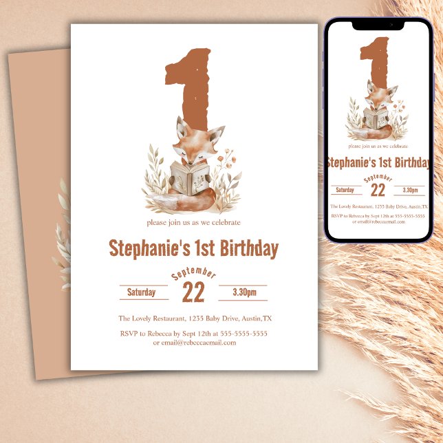 Invitación Woodland Fox leyendo un libro Fiesta de primer cum (Subido por el creador)