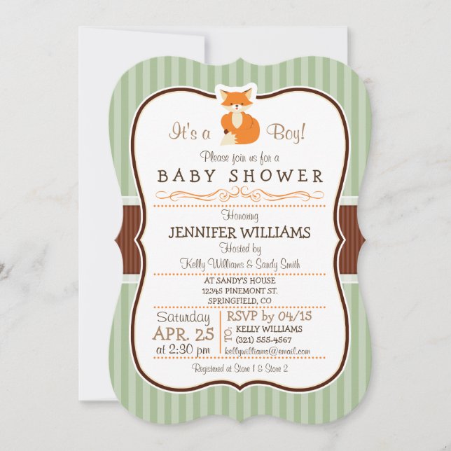 Invitación Woodland Fox; Naranja, Sage, Brown Baby Shower (Anverso)