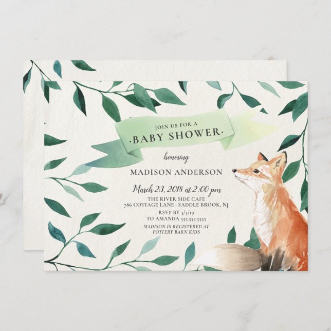 Invitación Woodland Fox Neutral Baby Shower (Anverso / Reverso)