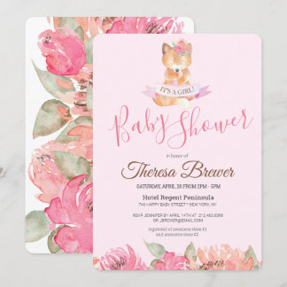 Invitación Woodland Fox Pink Watercolor Floral Baby Shower