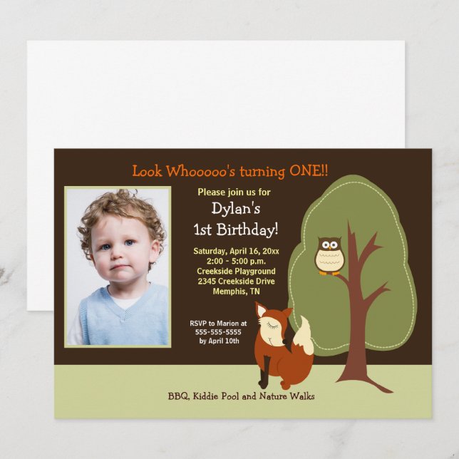 Invitación Woodland Fox y Owl Any Age Photo Birday (Anverso / Reverso)