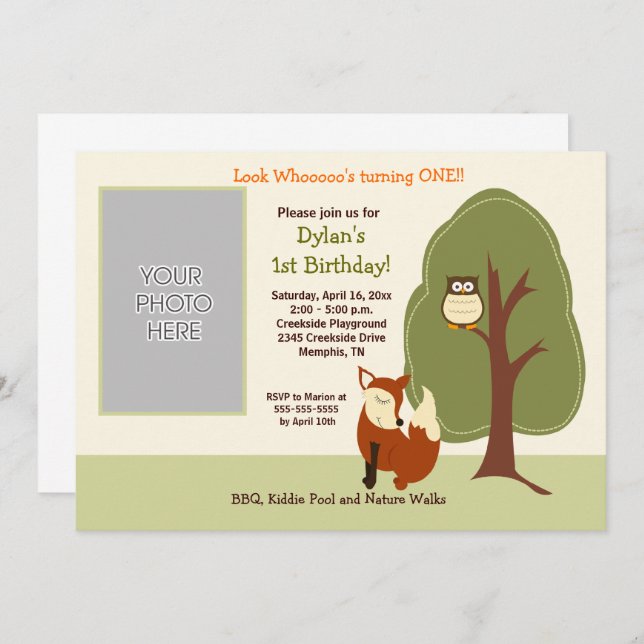 Invitación Woodland Fox y Owl *FOTO* Cumpleaños 5x7 (Anverso / Reverso)