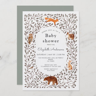 Invitación Woodland Friends Gender Neutral Sage Baby Shower