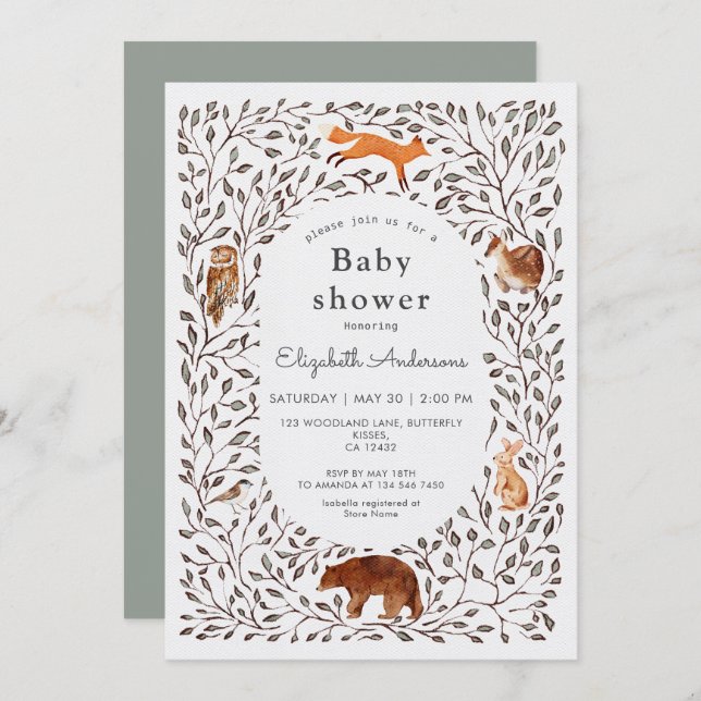 Invitación Woodland Friends Gender Neutral Sage Baby Shower (Anverso / Reverso)