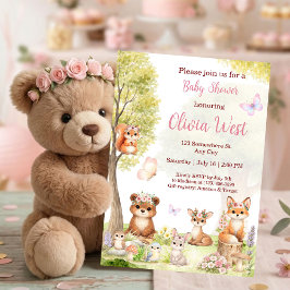 Invitación Woodland Girl Baby Shower Forest Animals