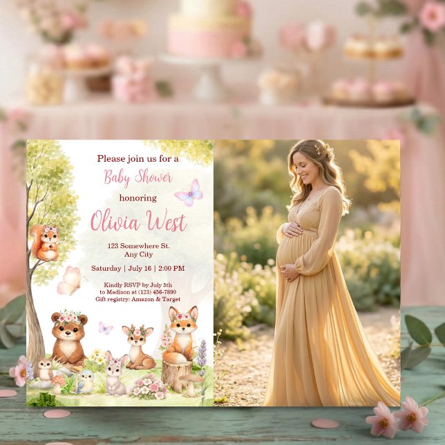 Invitación Woodland Girl Baby Shower Forest Animals Photo Inv (Woodland Girl Baby Shower Forest Animals Photo Invitation)