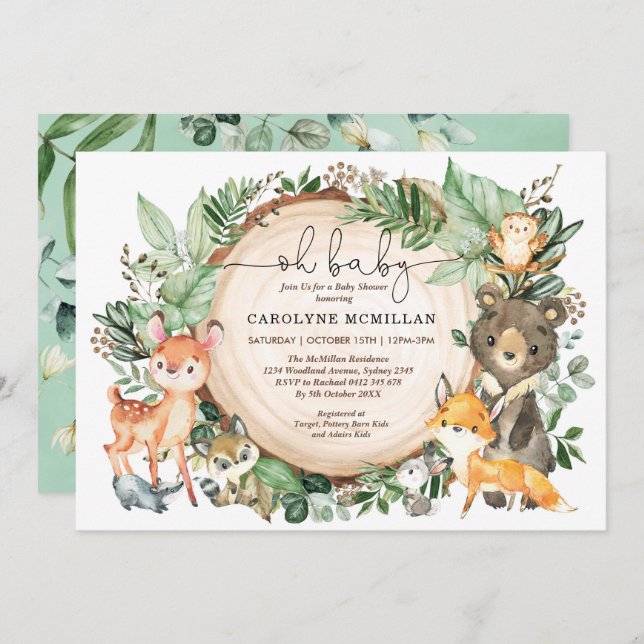 Invitación Woodland Greenery Animals Neutral Baby Shower (Anverso / Reverso)