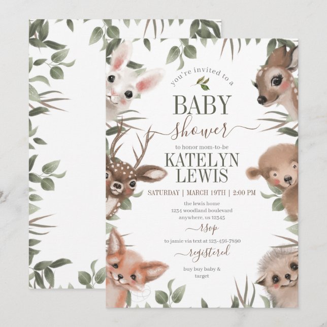 Invitación Woodland Greenery Baby Shower (Anverso / Reverso)