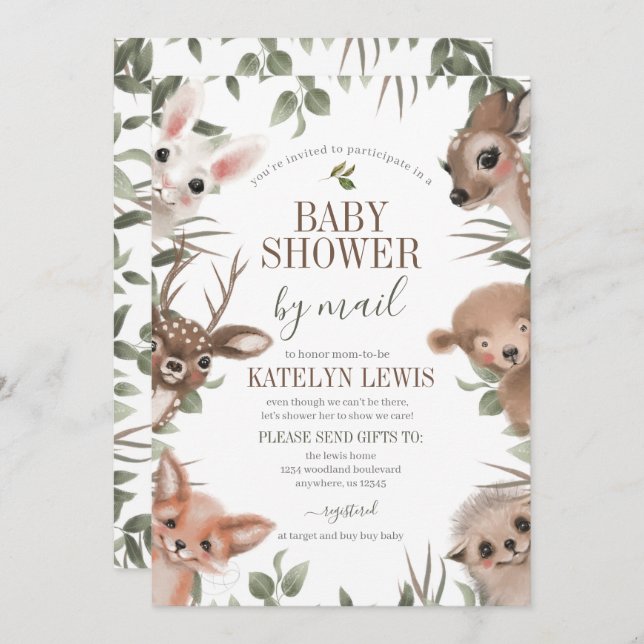 Invitación Woodland Greenery Baby Shower por correo (Anverso / Reverso)
