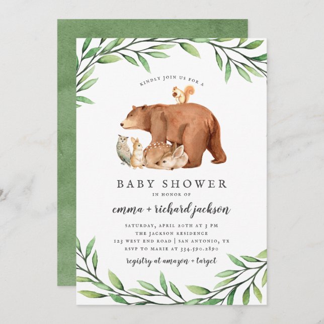 Invitación Woodland Greenery Forest Animals Baby Shower (Anverso / Reverso)
