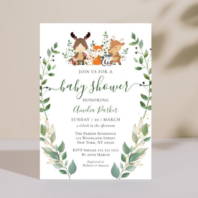 Invitación Woodland Greenery Forest Animals Baby Shower (Subido por el creador)