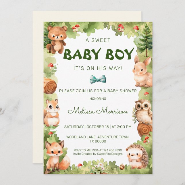 Invitación Woodland Greenery Sweet Baby Boy Shower (Anverso / Reverso)