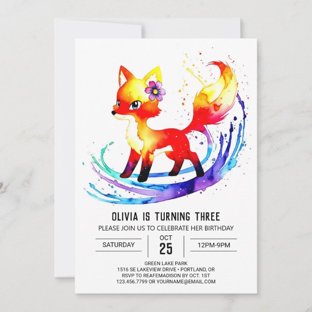 Invitación Woodland Happy Fox Digital Chica Cumpleaños (Anverso)