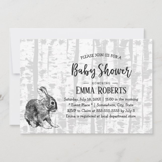 Invitación Woodland Hare Birch Trees Baby Shower (Anverso)