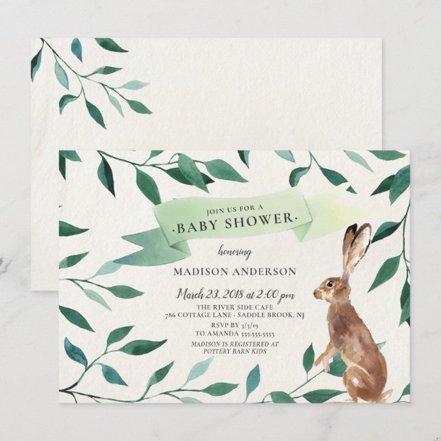 Invitación Woodland Hare Neutral Baby Shower (Anverso / Reverso)