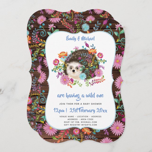 Invitación Woodland Hedgehog Baby Shower invita a Rustic Boho (Anverso / Reverso)