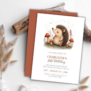 Invitación Woodland Hedgehog Mushroom Primer Fiesta de cumple