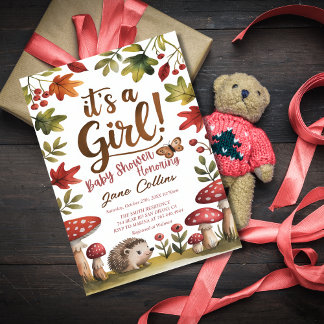Invitación Woodland Hedgehog Mushrooms Chica Baby Shower