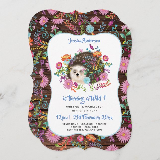 Invitación Woodland Hedgehog primer cumpleaños invita a boho  (Anverso / Reverso)