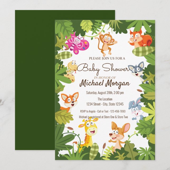 Invitación Woodland, hojas, Baby Shower de animales forestale (Anverso / Reverso)