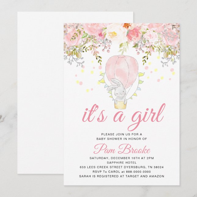 Invitación Woodland Hot Air Ballon Bunny Baby Shower (Anverso / Reverso)