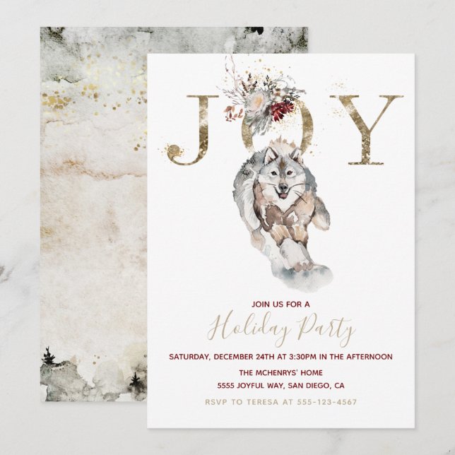 Invitación Woodland Joy Wolf Dog Holiday Party (Anverso / Reverso)