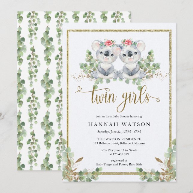 Invitación Woodland Koala Eucalyptus Rosa Baby Shower (Anverso / Reverso)