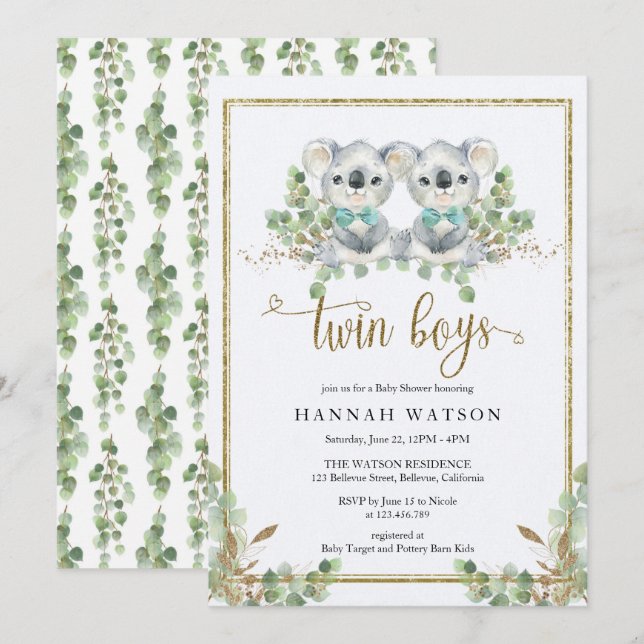 Invitación Woodland koala Eucalyptus Twin Boys Baby Shower (Anverso / Reverso)