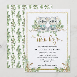 Invitación Woodland koala Eucalyptus Twin Boys Baby Shower