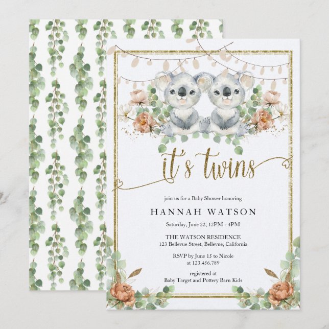Invitación Woodland Koala Género Gemelos Neutrales Baby Showe (Anverso / Reverso)