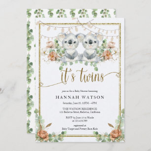 Invitación Woodland Koala Género Gemelos Neutrales Baby Showe
