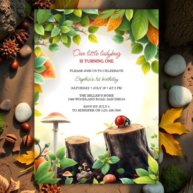 Invitación Woodland Ladybug Chica 1 cumpleaños (Woodland Ladybug 1st Birthday Invitation – Nature-Themed Party for Baby Girl)