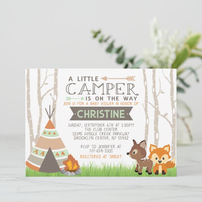 Invitación Woodland Little Camper Teepee Baby Shower (Anverso de pie)
