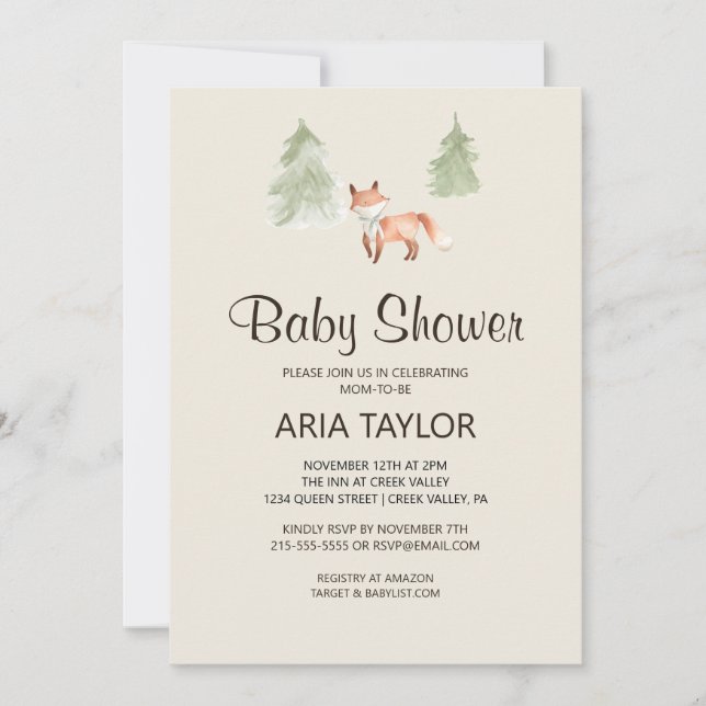 Invitación Woodland Little Fox Baby Shower (Anverso)