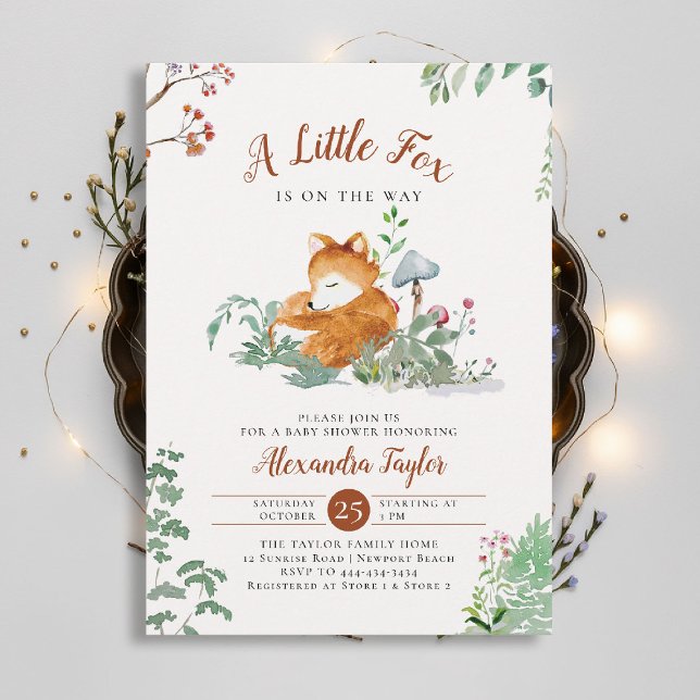 Invitación Woodland Little Fox Mushrooms Greenery Baby Shower (woodland baby shower invitation enchanted woods forest little fox mushrooms wildflowers earthy magic)