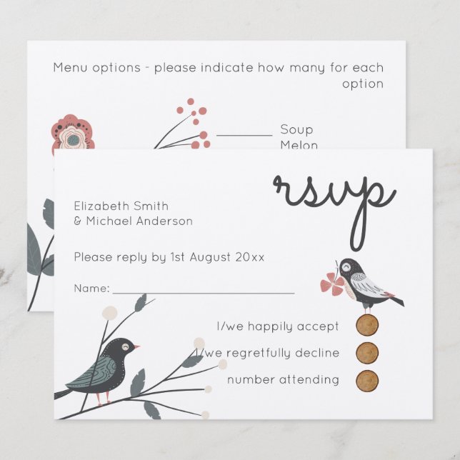 Invitación Woodland Love Birds Wedds RSVP MENU Rustic Kraft (Anverso / Reverso)