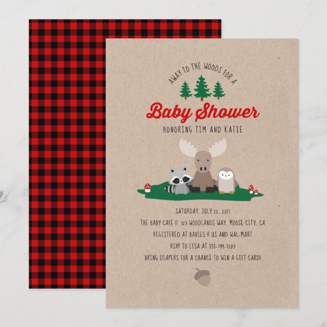 Invitación Woodland Lumberjack Chica Boy Baby Shower Plaid (Anverso / Reverso)